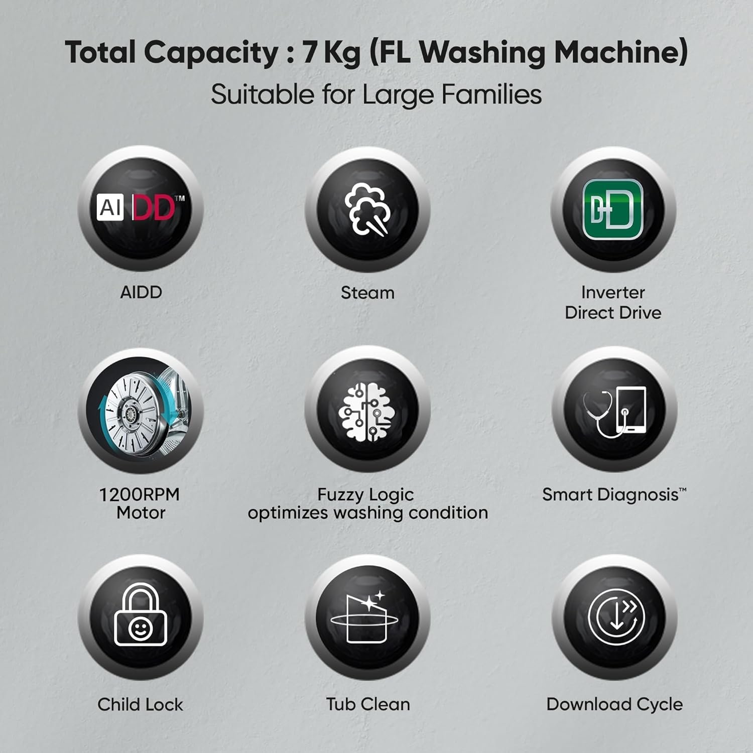 LG 7Kg Front Load Washing Machine, AI Direct Drive, Steam™, Middle Black - Image 2