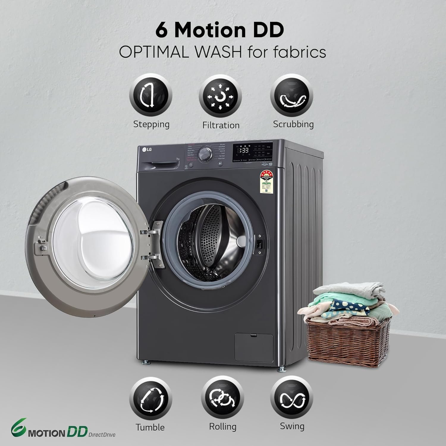 LG 7Kg Front Load Washing Machine, AI Direct Drive, Steam™, Middle Black - Image 3