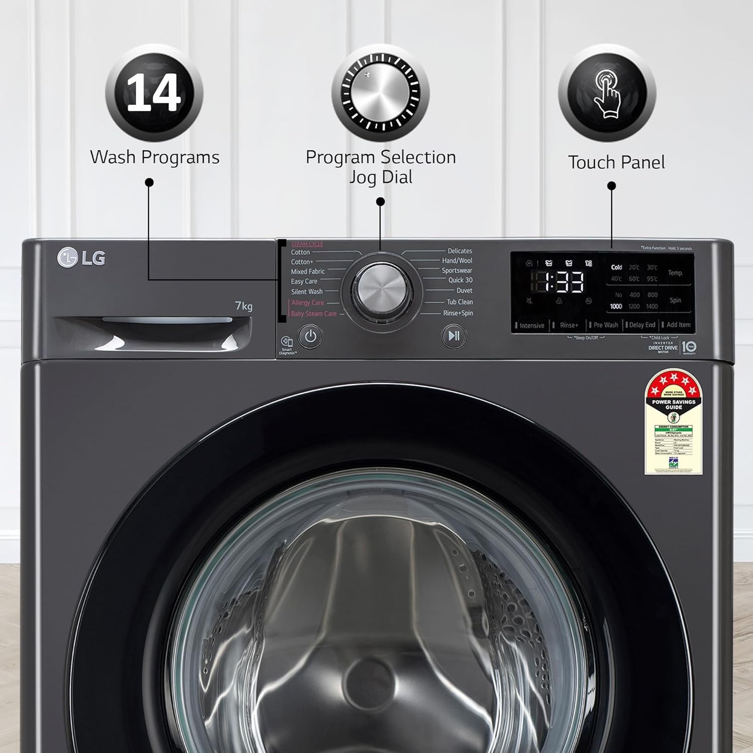 LG 7Kg Front Load Washing Machine, AI Direct Drive, Steam™, Middle Black - Image 4