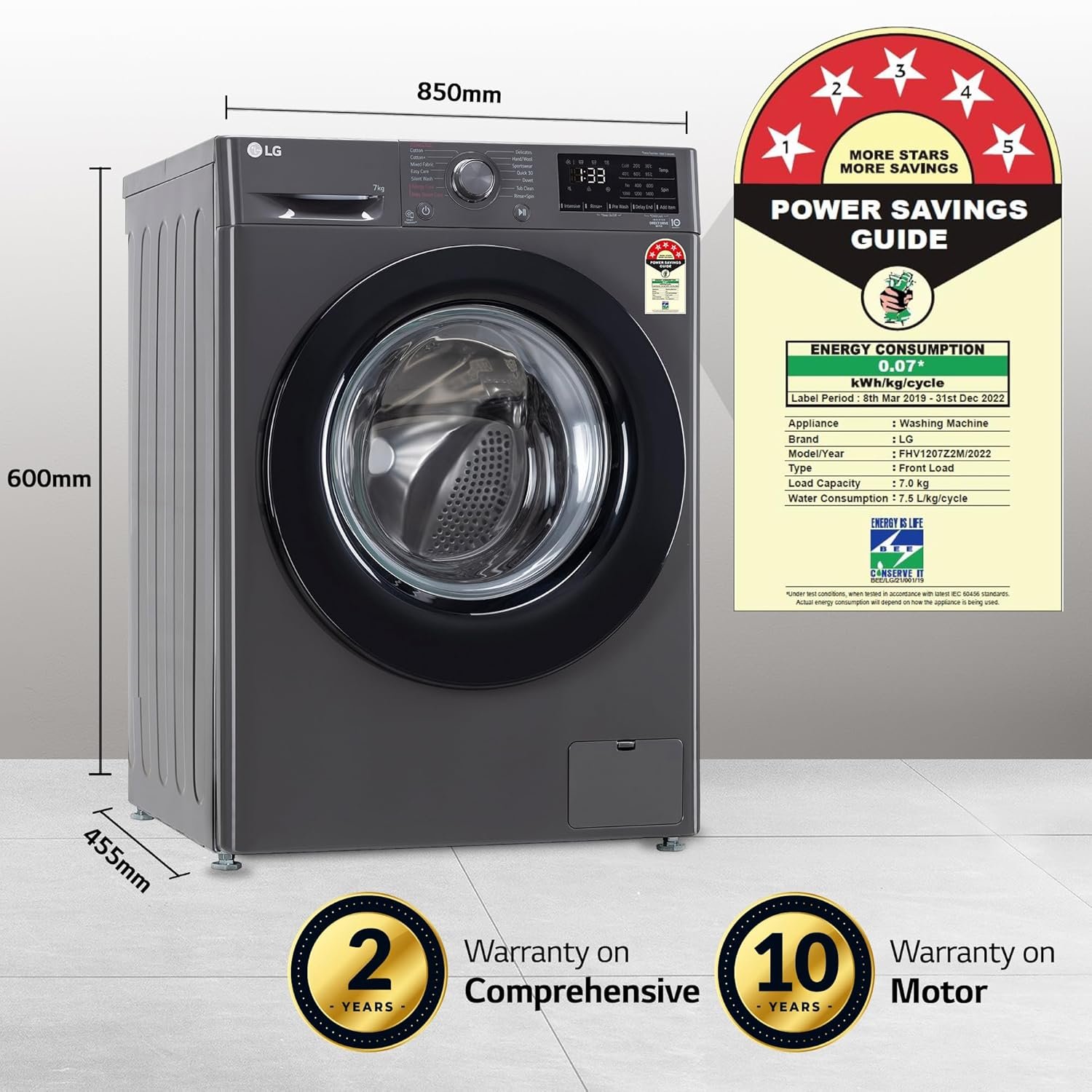 LG 7Kg Front Load Washing Machine, AI Direct Drive, Steam™, Middle Black - Image 5