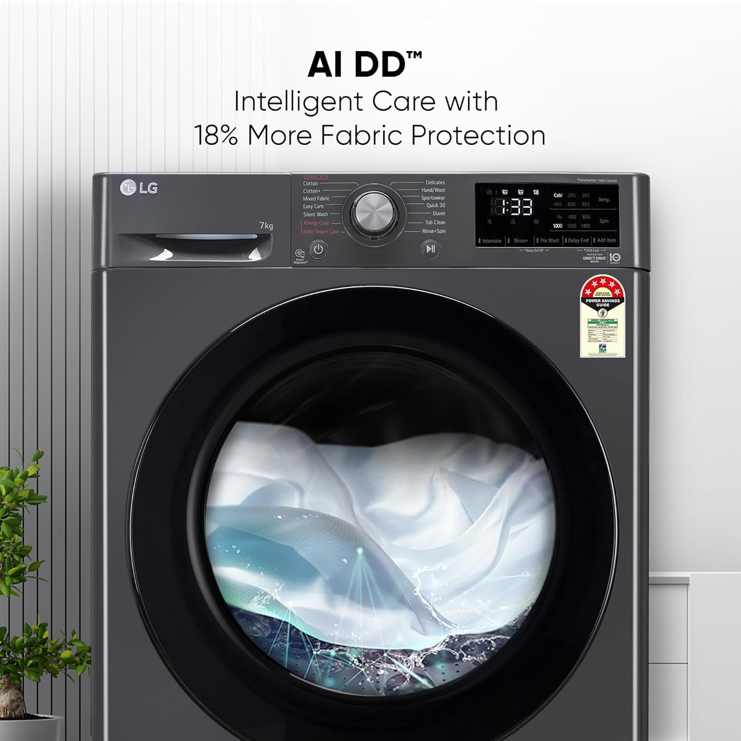 LG 7Kg Front Load Washing Machine, AI Direct Drive, Steam™, Middle Black - Image 6