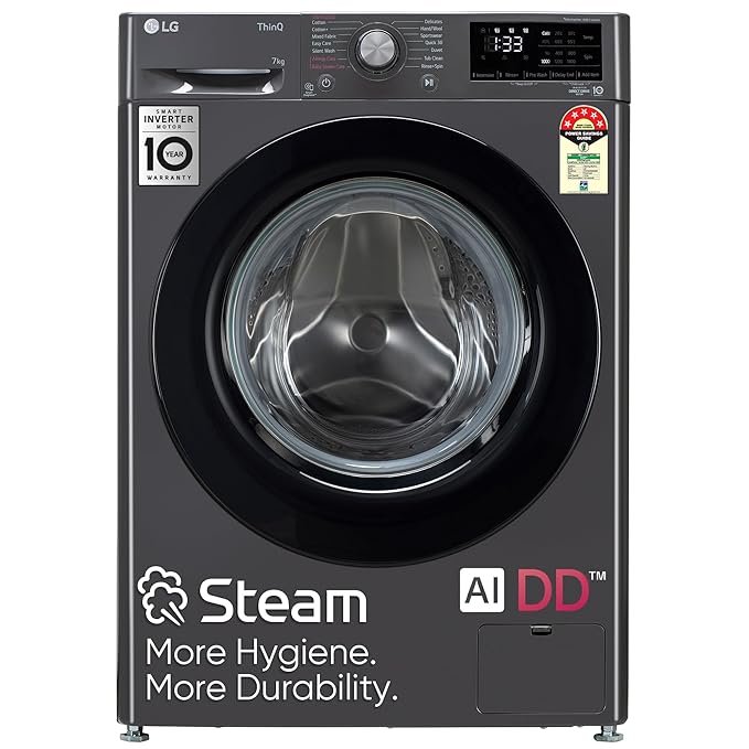 LG 7Kg Front Load Washing Machine, AI Direct Drive, Steam™, Middle Black
