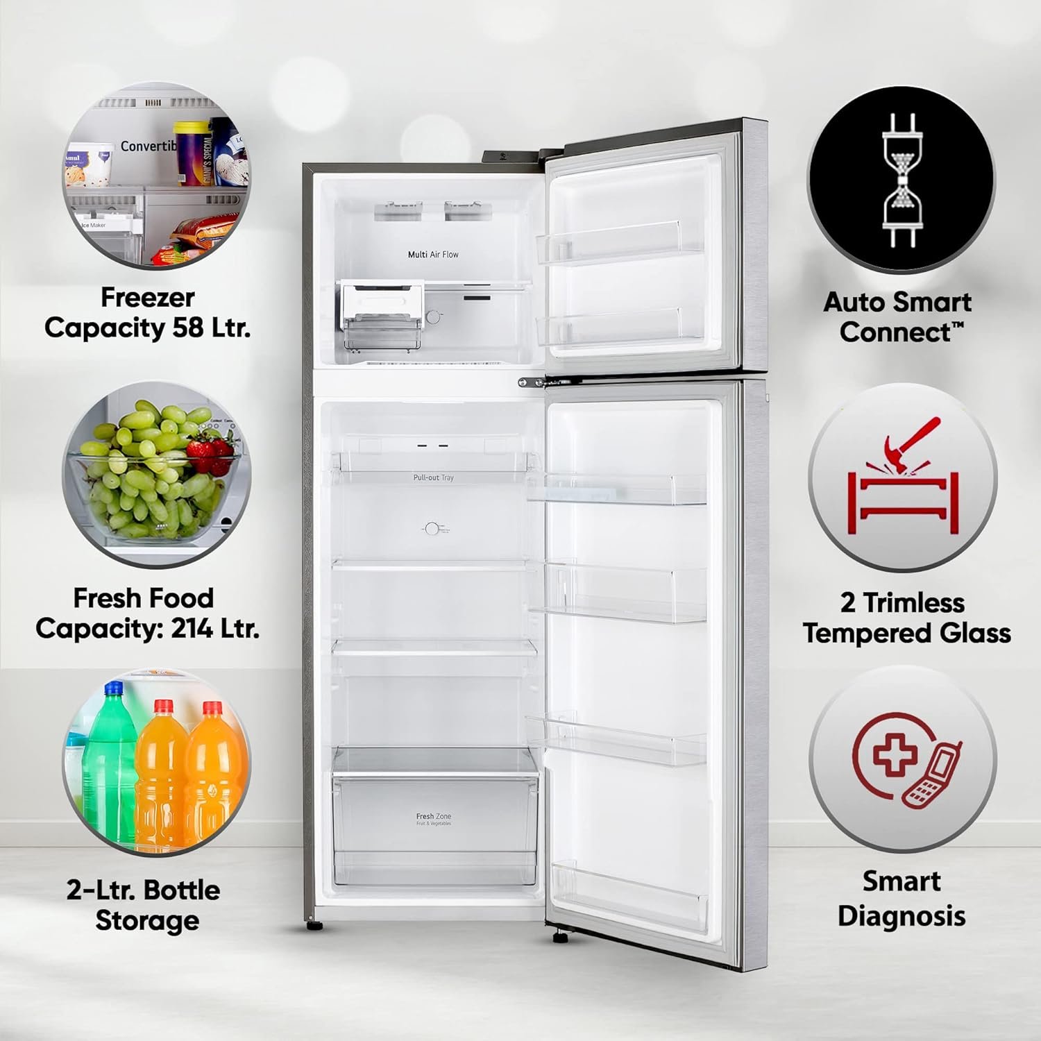 LG 272L Double Door Refrigerator, Smart Diagnosis™, Dazzle Steel Finish, 2 Star - Image 3