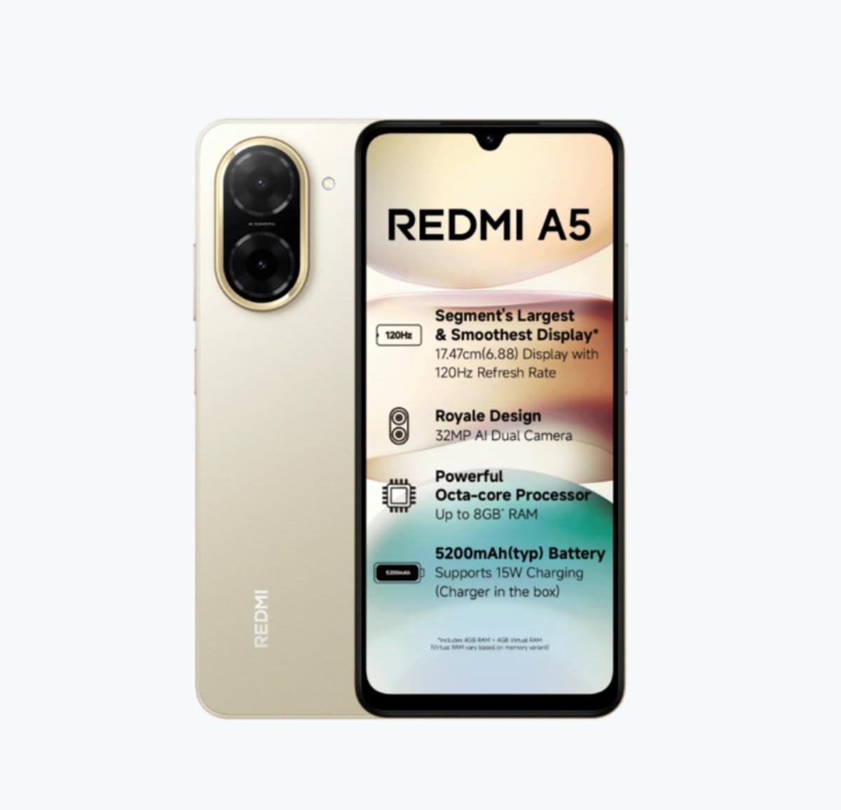 Redmi A5 Gold 5200mAh Large Battery (4G, 3GB RAM , 64GB Storage)