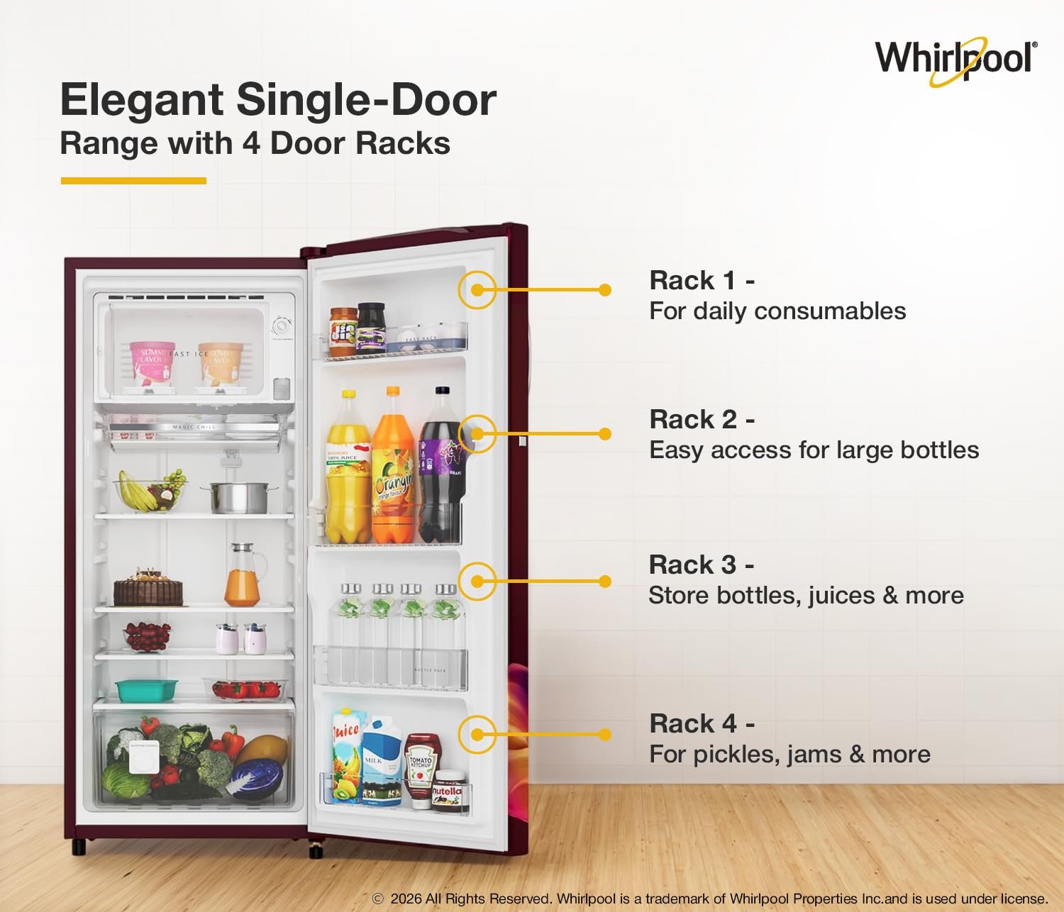 Whirlpool * 207 L 3 Star Icemagic Pro Inverter Direct-Cool Single Door Refrigerator (230 IMPRO PRM 3S WINE SILK-Y, Red, 2026 Model) - Image 2